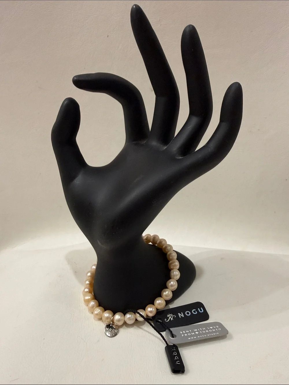 NOGU Pink Champagne Pearl Stretch Bracelet Handmade 925 Silver Stretchy New